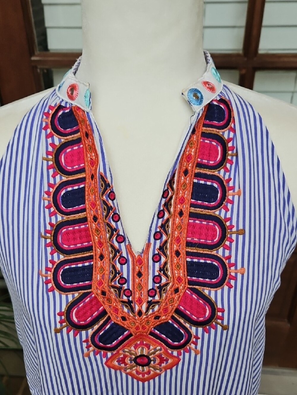 THML Anthropologie Brand Embroidered Navy Stripe Halter Dress - Blue - Picture 3 of 5